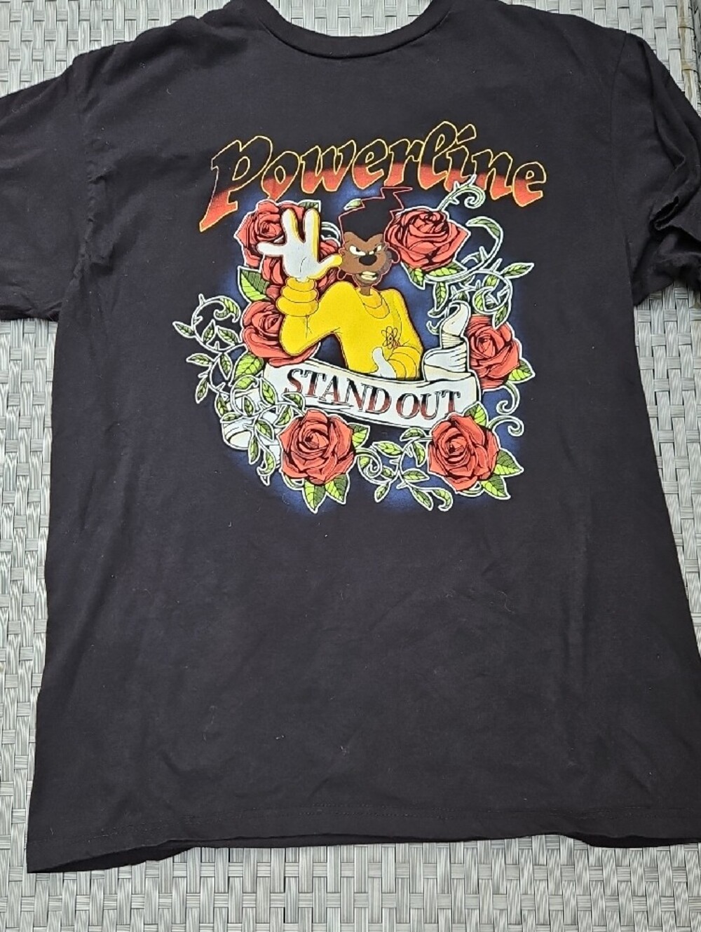 Disney Black Short-Sleeve Tee with Yellow Character, Red Roses & Gold Script